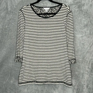 Christopher & Banks L Large Shirt Top Brown Striped 3/4 Sleeve Scoop Neck Cotton